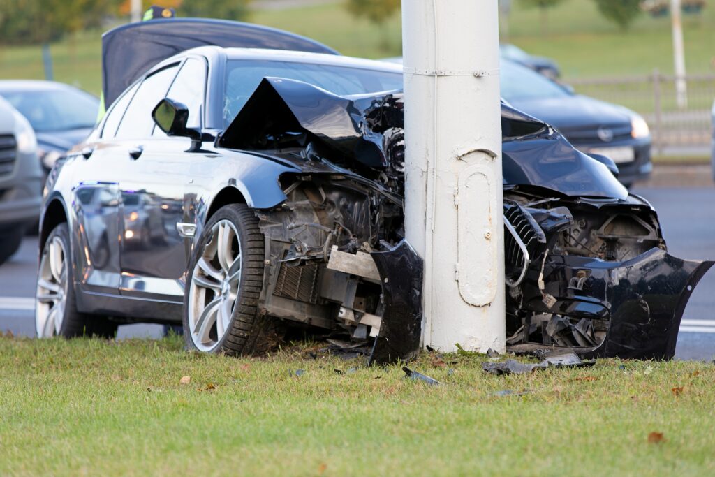 Car crashed into a pole in what may have been a single-vehicle accident