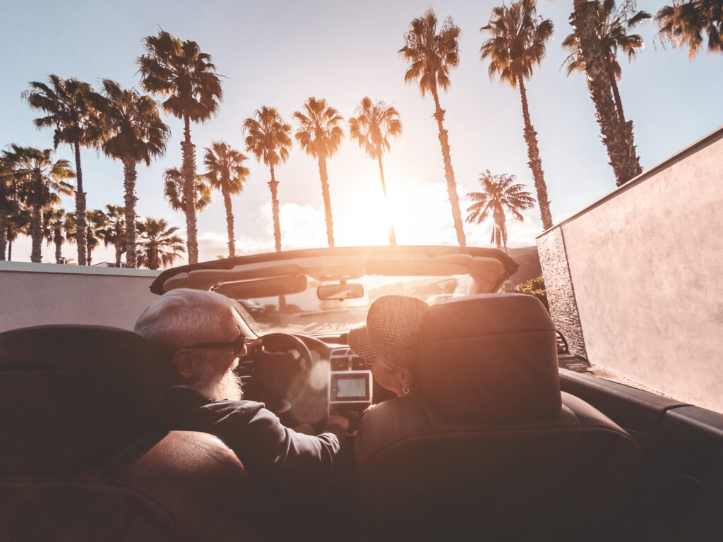 couple driving by palm trees in california